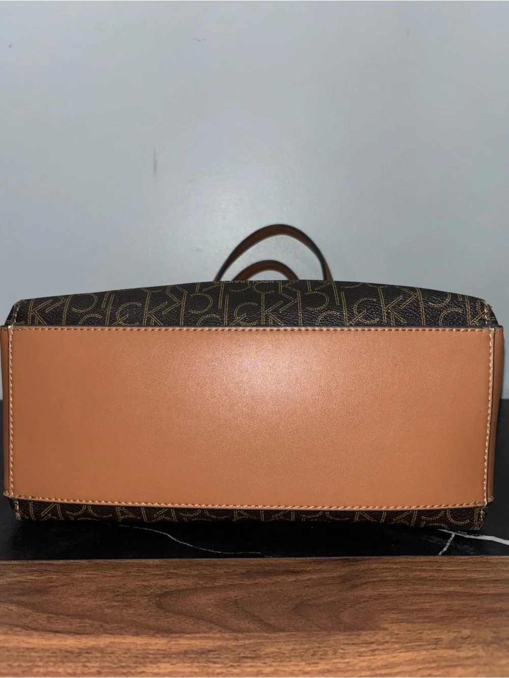 🥥Calvin Klein Brown Monogram Satchel with Tan Trim
